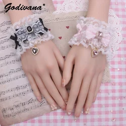 Handmade Sweet Cute Lace Bow Chain Rhinestone Love Pendant Girls Bracelet Japanese Style Lolita Women's Lace Oversleeves