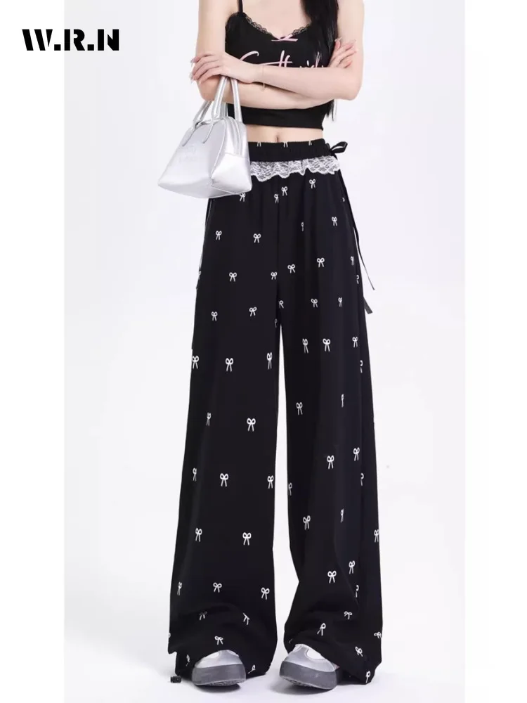 2024 Summer Casual Sexy Lace Patchwork High Waist Wide Leg Pants Women's Fashion Loose Black Bows Soft Full Length Trousers