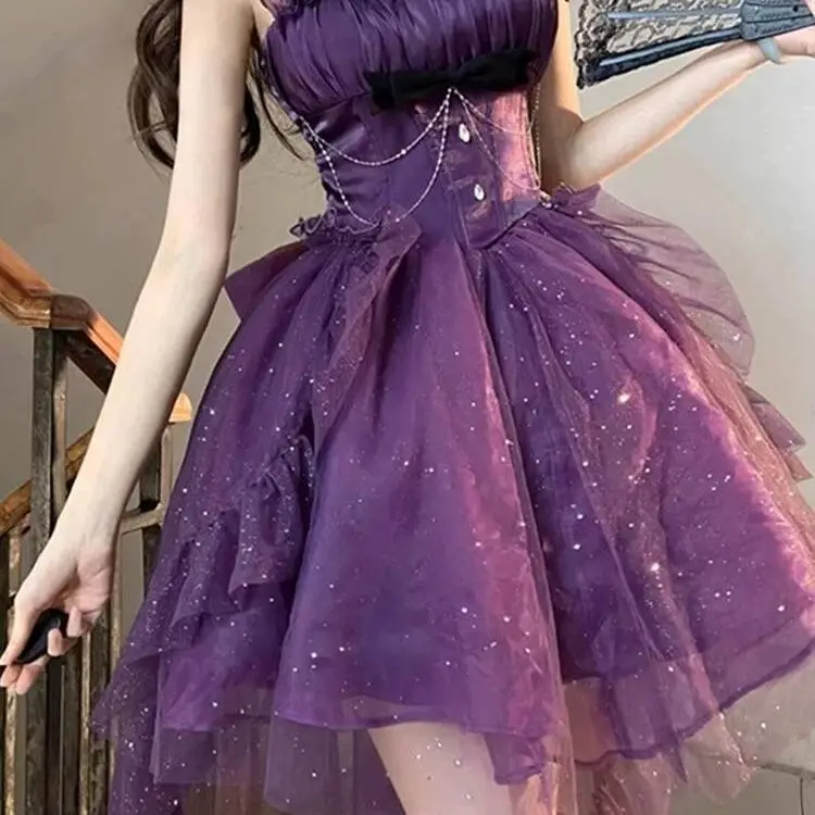 日本のロリータ エレガントなドレス 非対称レイヤードスカート リボンディテール スパゲッティストラップ コルセットデザイン 原宿サブカルチャー パーティー衣装