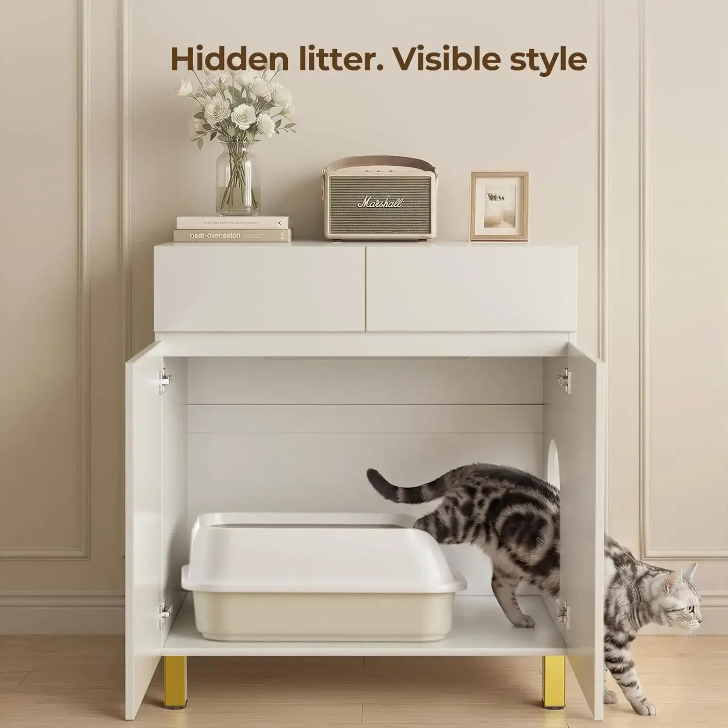 Large/Tall Litter Box Enclosure, Modern Wooden Litter Box Furniture for XL Litterbox with Drawer as Sideboard Cabinet (White)