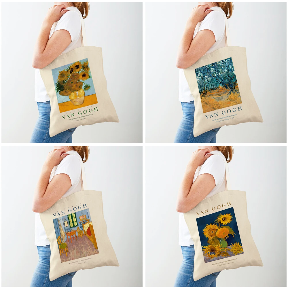 Sac à provisions Van Gogh Starry Night pour femme, fleur d'amandier, Iris, sac à soupe géométrique des deux côtés, sacs fourre-tout décontractés, sacs à main pour femme