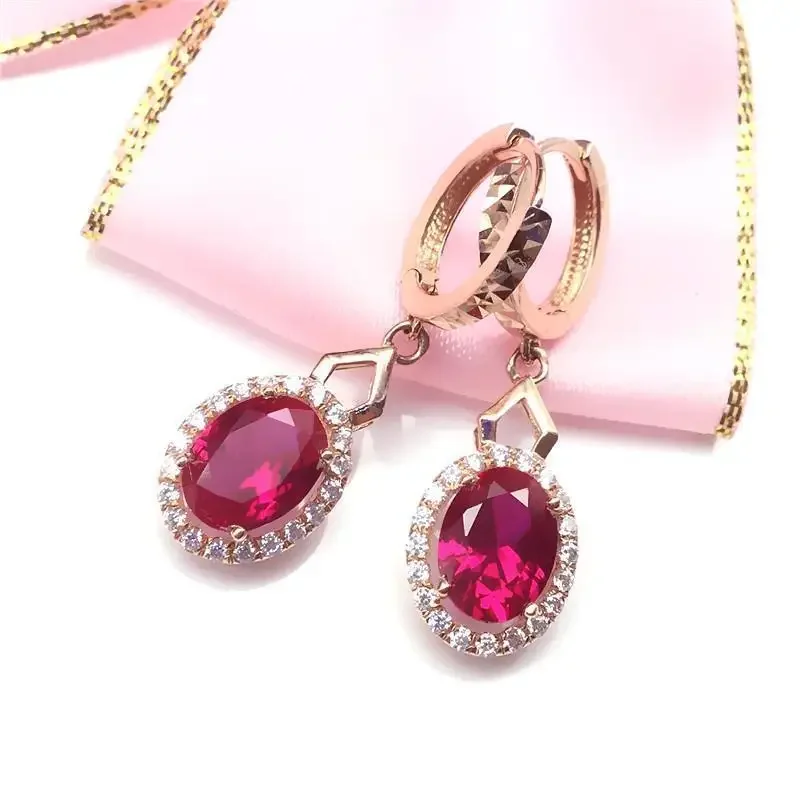 Classic 585 Purple Gold Delicate Ruby drop earrings for women 14K Rose Gold Crystal Sweet Elegant Engagement Jewelry Accessories