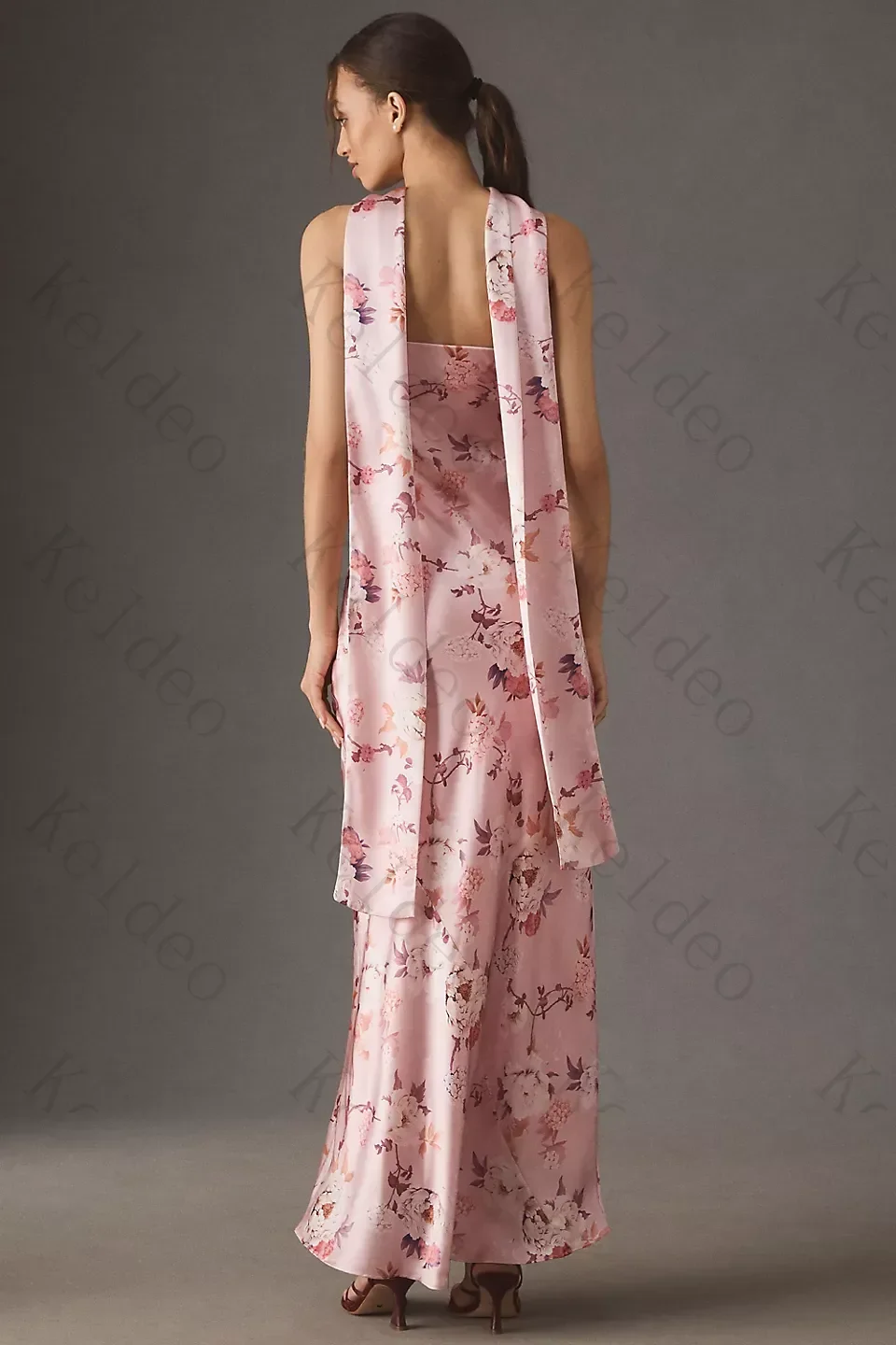Customized Exquisite Sheath Wedding Dresses High Quality Strapless Detachable Scarf Floral Print Satin Ankle‑Length Bridal Gowns