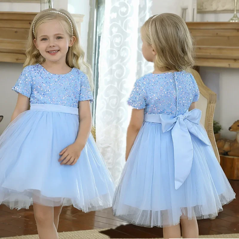 Glitter Sequin Flower Girl Dresses for Wedding Elegant Blue Princess Dress Short Sleeves Puffy First Communion Ceremony Gown