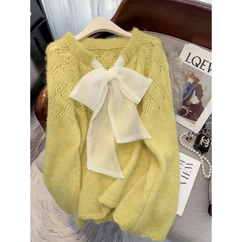 

Bow Tie Lace Up Hollow Out All Match Sweater Autumn and Winter New Item Soft Glutinous Pullover Knitted Sweater Top for Women