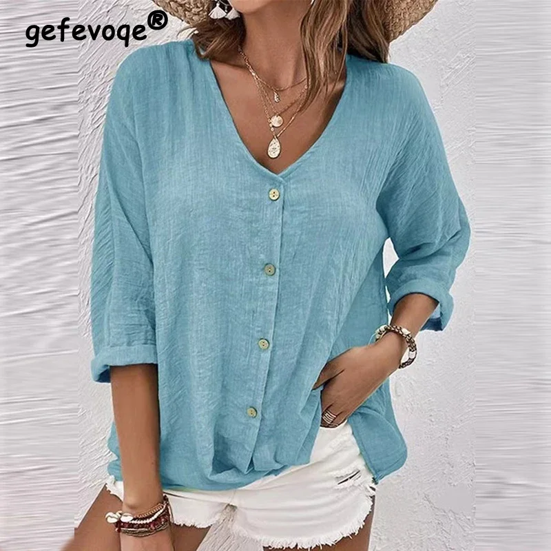 

Women Vintage Simple Casual Streetwear Button Shirts Spring Autumn V Neck Long Sleeve Blouses Solid Loose Tops Y2K Ropa De Mujer