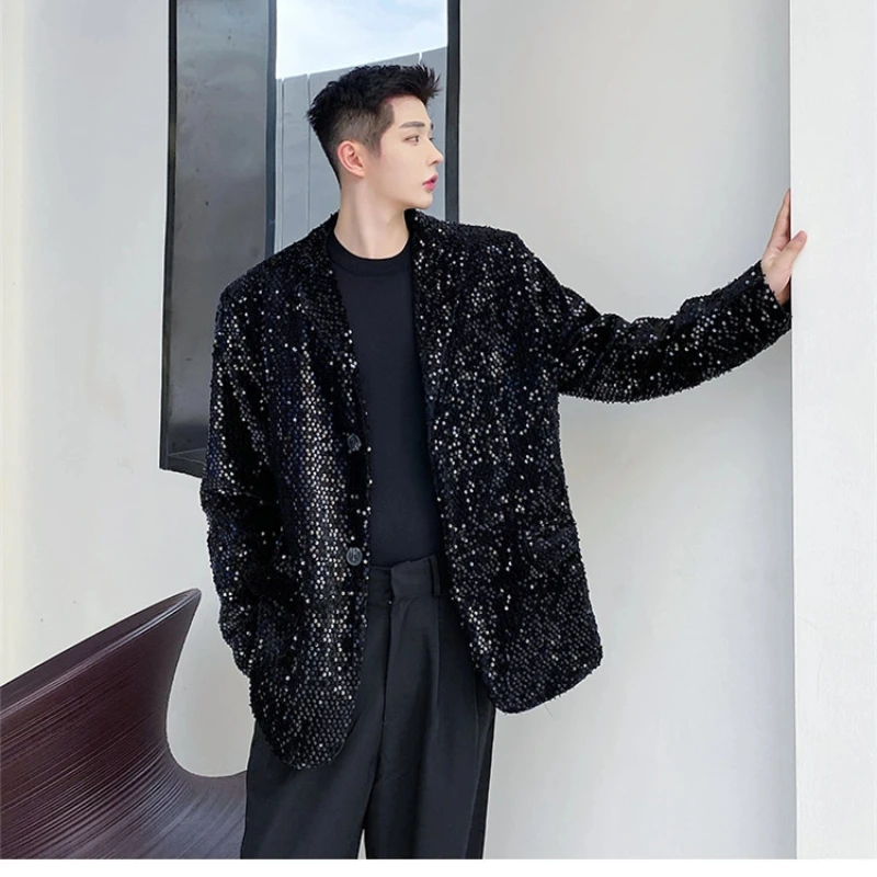 

Men Black Sequins Shining Big Size Casual Blazer New Lapel Long Sleeve Jacket Fashion Spring Autumn Dance Loose Suit Jackets