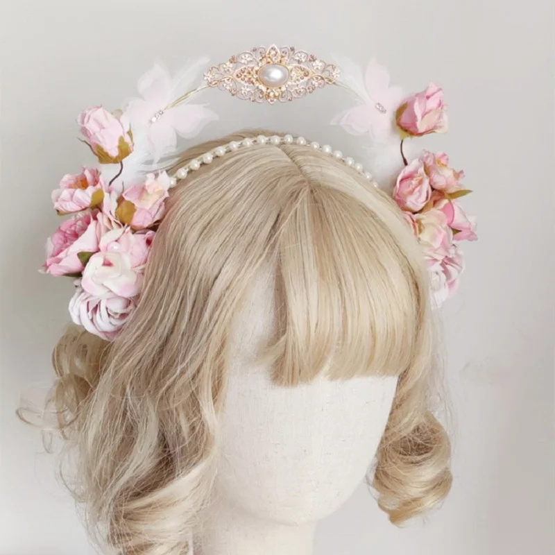 

Sweet Rose flower Headpiece Lolita Vintage KC Crown Headband Angel Virgin Mary Baroque Tiara Headwear Anime Decor