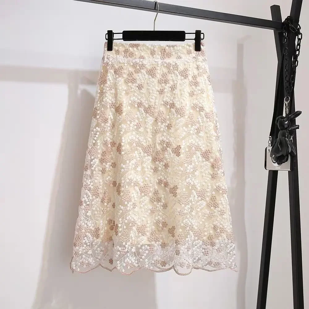 

Embroidery Flowers Skirts Women Mesh Elegant Retro Fashion Lace A-line Slender All-match Modern Sheath Bodycon Sexy Leisure Cozy