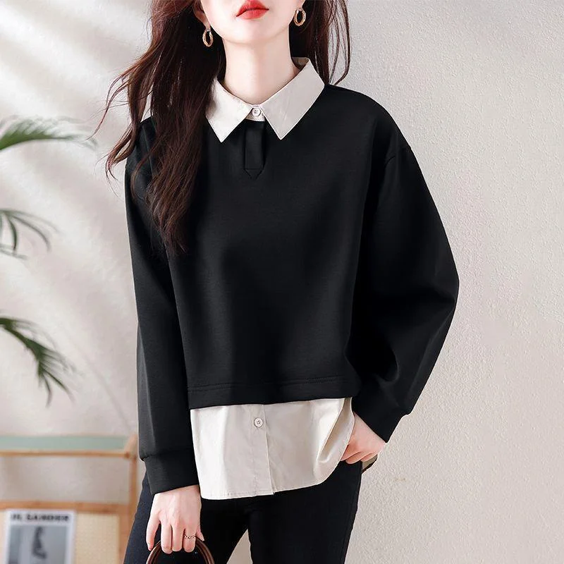 Mode Neue Stil Slim Fit Gefälschte Zwei Stück frauen Pullover Sweatshirt Frühling Herbst Farbe Block Patchwork Casual Vielseitig Top