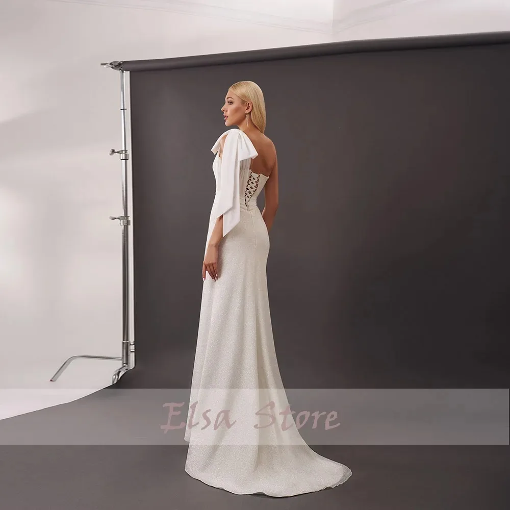 Modern Wedding Gowns 2024 New One Shoulder With Bow Strapless Bride Dress Lace Up Sparkle Satin Mermaid Bridal Gown For Women