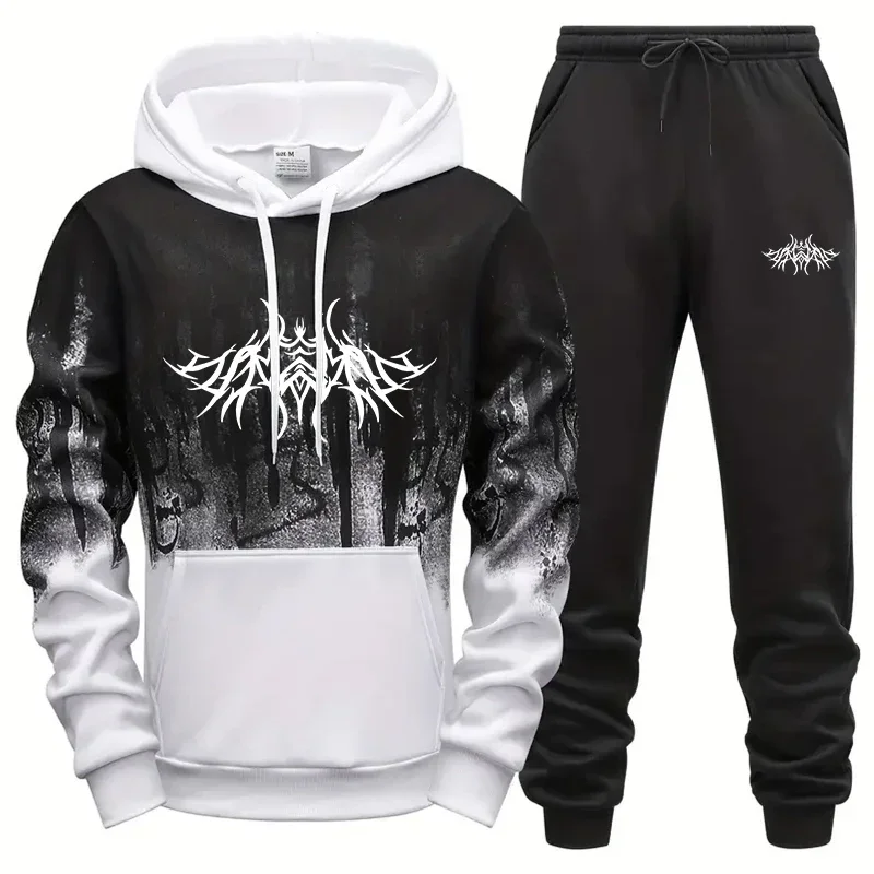 

New Mens Tracksuit Print Splash-ink Hoodies Pants 2 Pcs Set Casual Sports Jogging Mens Clothing DailyOffice Home Sweatshirt Suit