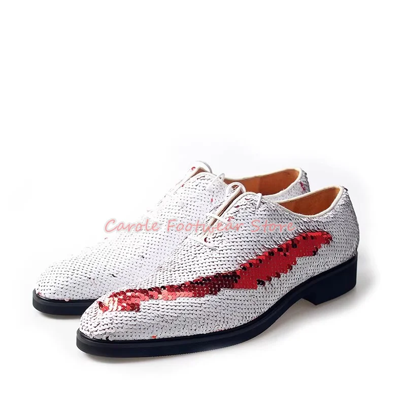 Bling Sequined Design Male Lace-Up Oxfords Round Toe Chunky Heel Shallow Derby Shoes Male Wedding Business Dress Loafers