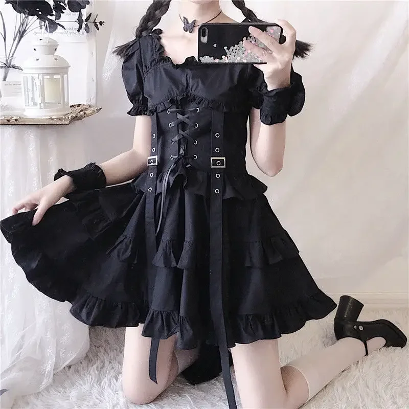 Gothic Lolita *Assassination Loli* Dress Gothic Retro High Waist Cake Dress Lolita Girdle Diablo Ruffle Bandage Black Mini Dress - Image 3