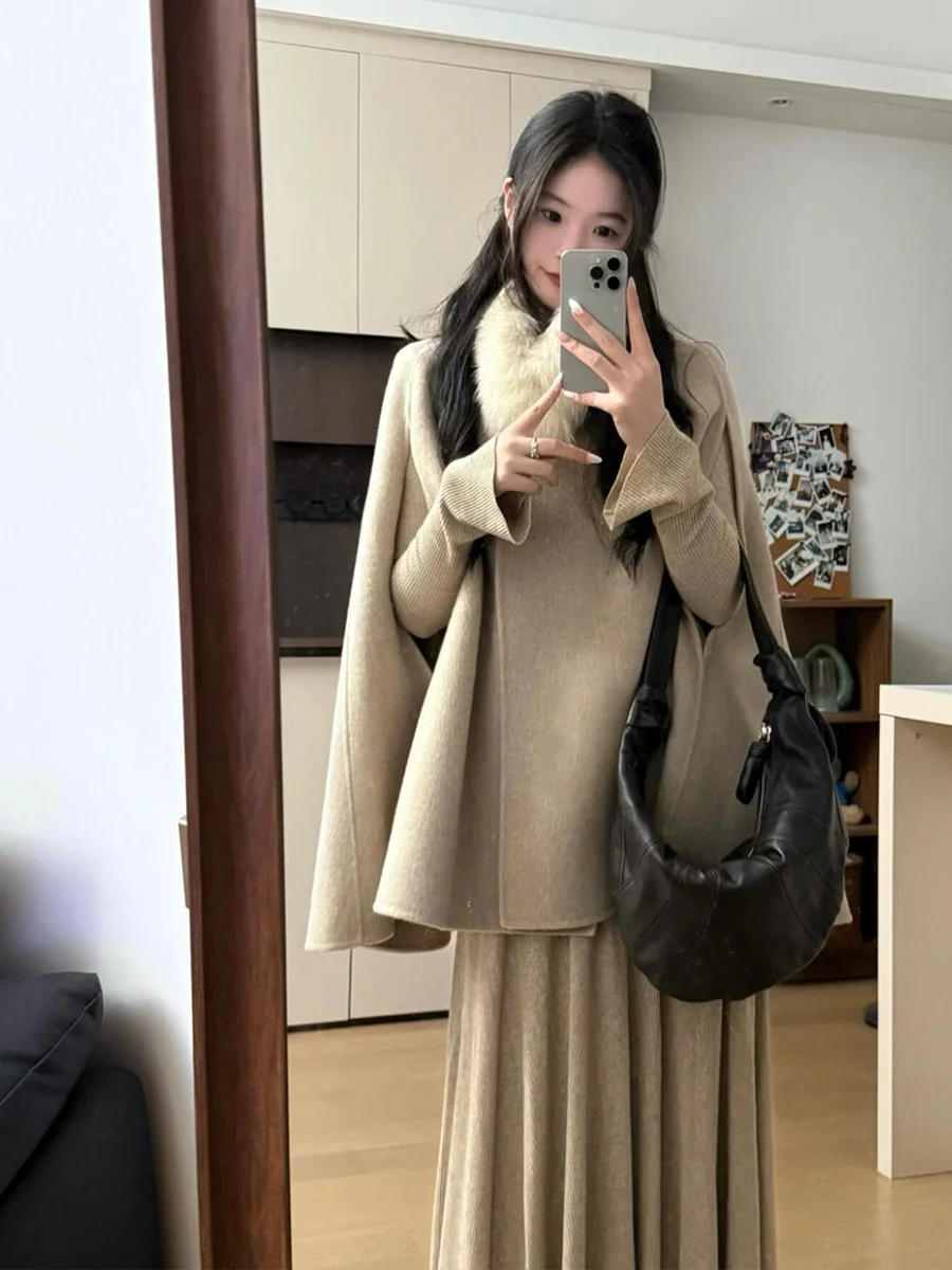 

Double-Sided Camere ort Coat with Large Fur Collar Korean Sle Commute Woolen Outerwear for Women Winter Season