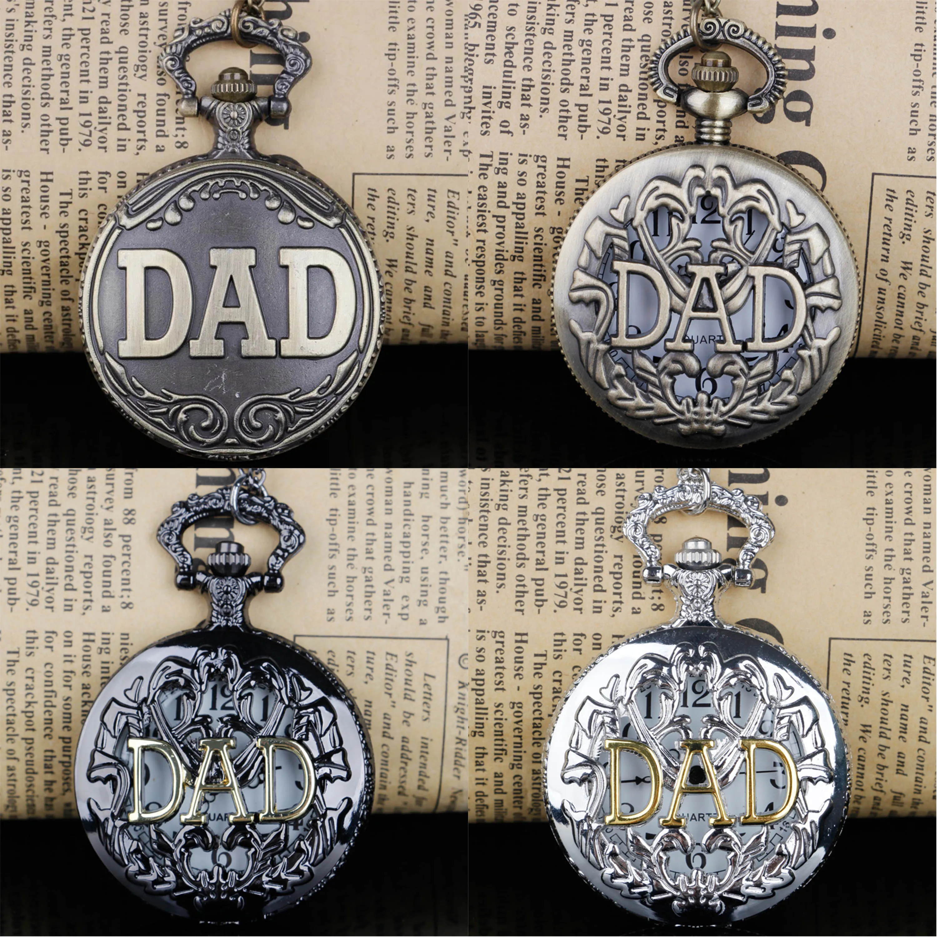 أسود/فضي/برونزي "الأب" حروف العتيقة نمط ساعة جيب رجالي Steampunk جيب و فوب سلسلة الساعات Relojes De Bolsillo