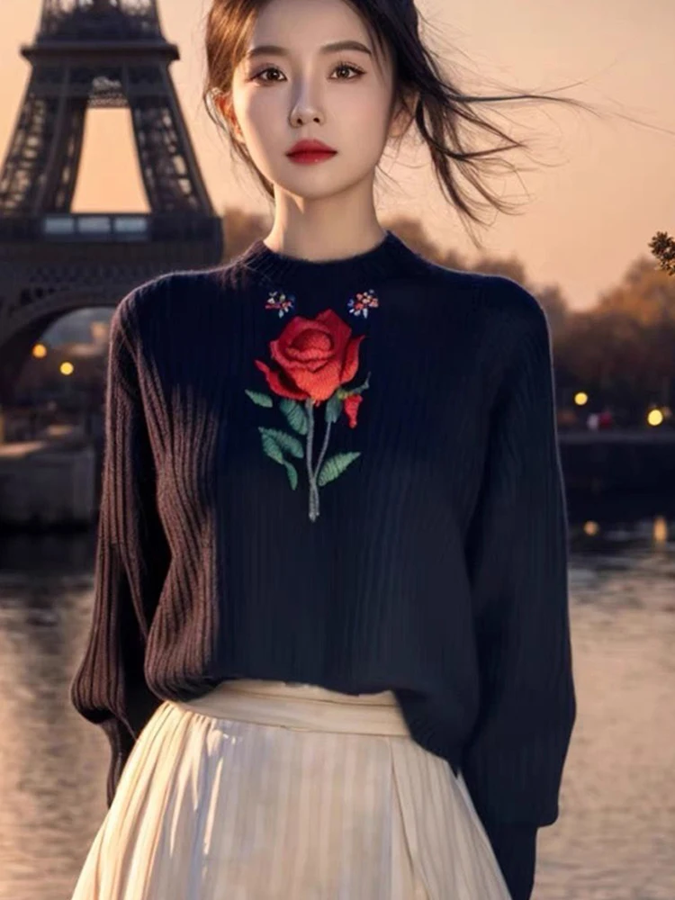 

Women's Autumn Winter New Knitted Sweaters Heavy Industry Black Rose Embroidery Retro Design Sense Fashion Pullover