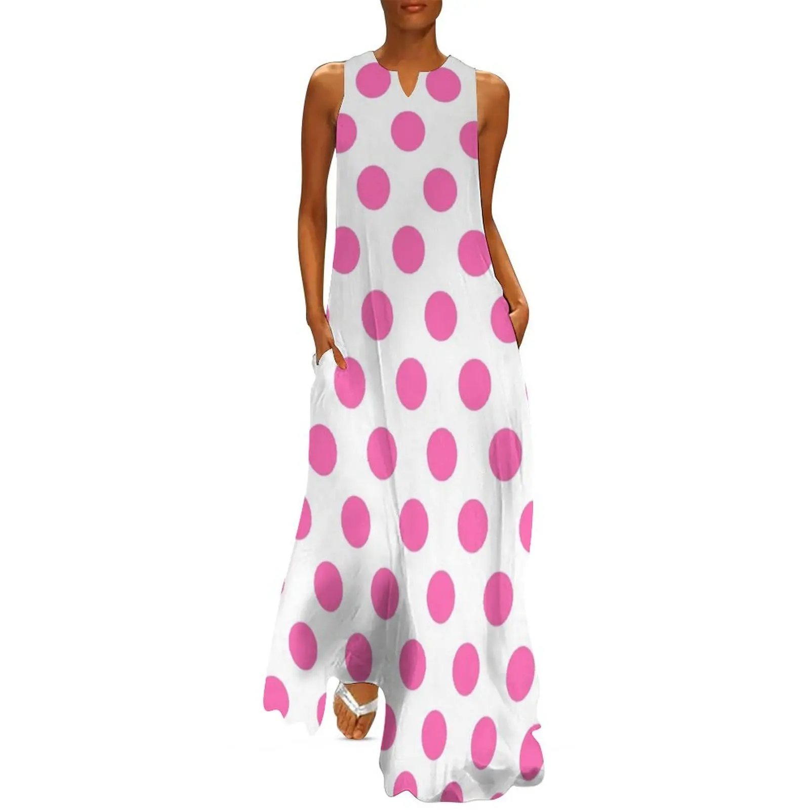 

Big Pink Polka Dots Long Dress summer clothes for women Dress woman Female clothing