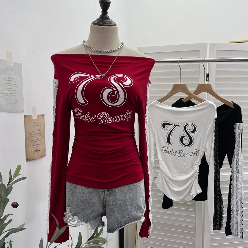 المرأة عارضة الساخن فتاة الرياضة نمط إلكتروني طباعة خياطة الدانتيل بأكمام طويلة أعلى سليم صالح واحد الكتف تي شيرت Streetwear1291