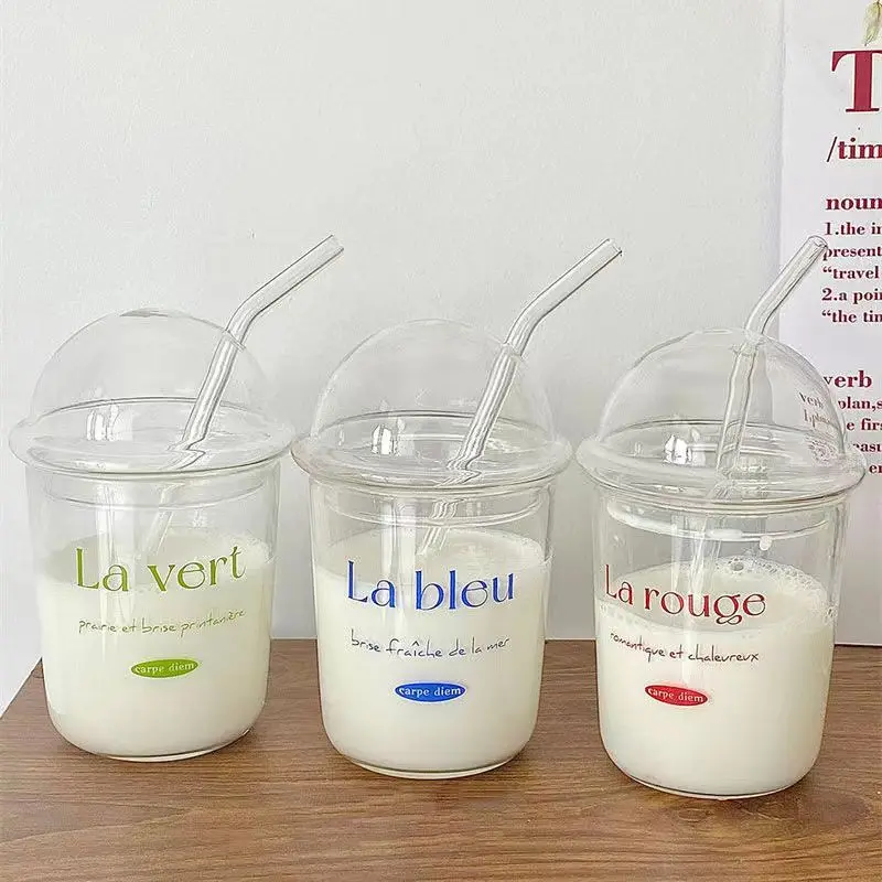 Blue French Cups with Glass Straw Large Capacity Clear Coffee Milk Water Tumbler with Glass Cover Heat-resistant Glass Bobo