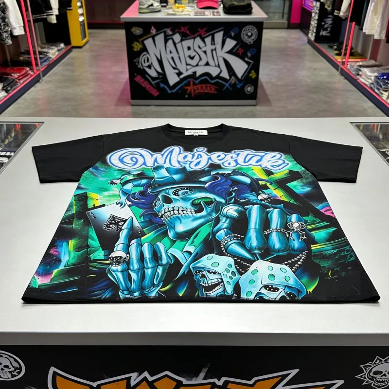 Vintage Street Outfit MAJESTIK Tshirts White Ink Direct Spray Mechanical Skull Spade A Pattern Hip Hop Short Sleeve Black Tops