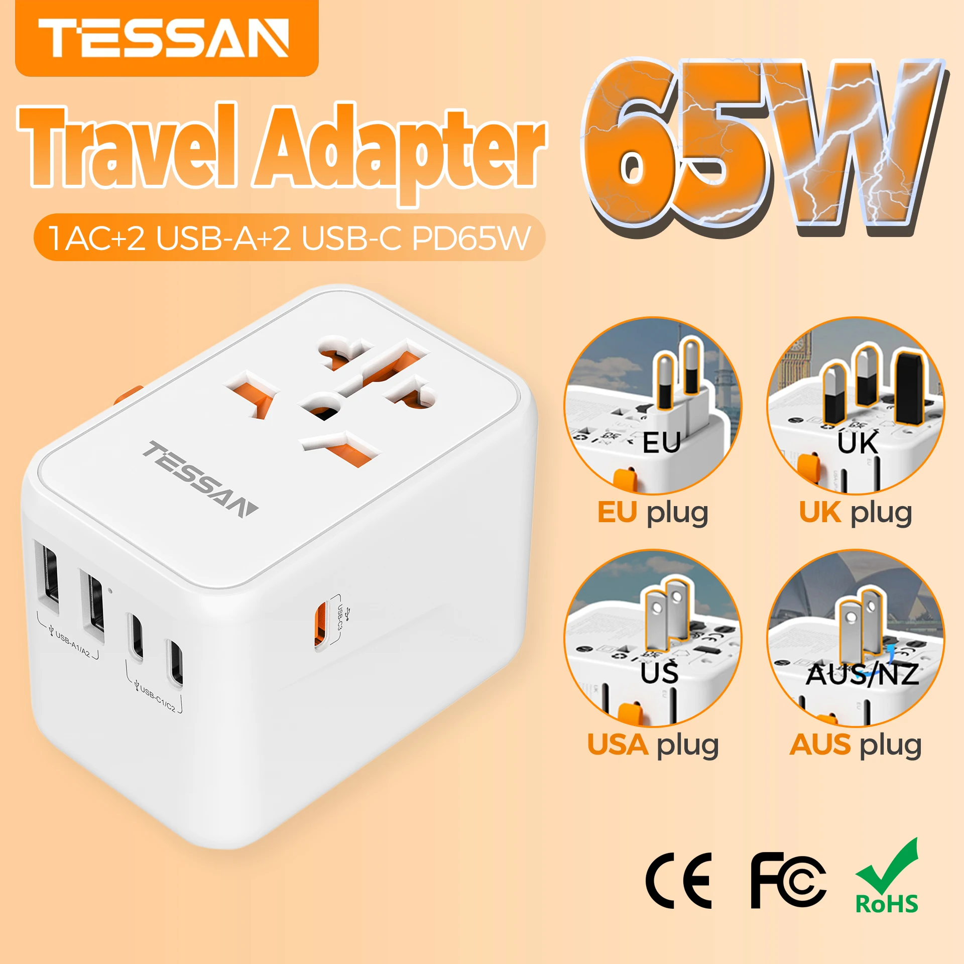 TESSAN 65W/28W GaN International Travel Adapter with USB & Type C GaN Fast Charging Adapter with EU AU US UK Plug for Travel