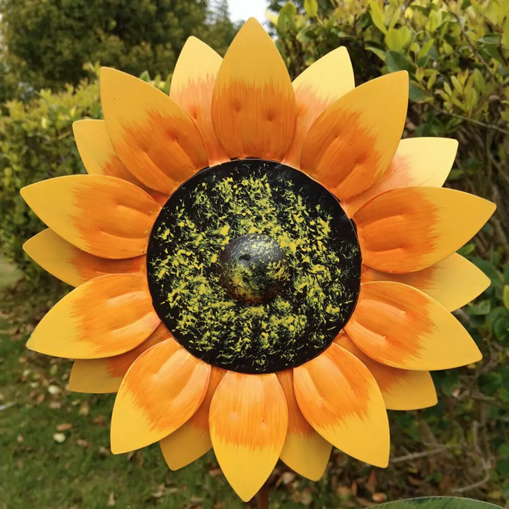 Metal Sunflower Garden Stake Rotating Wind Catcher Yellow Green Iron Ornament For Yard Patio Pathway Outdoor Decor Plant Stand