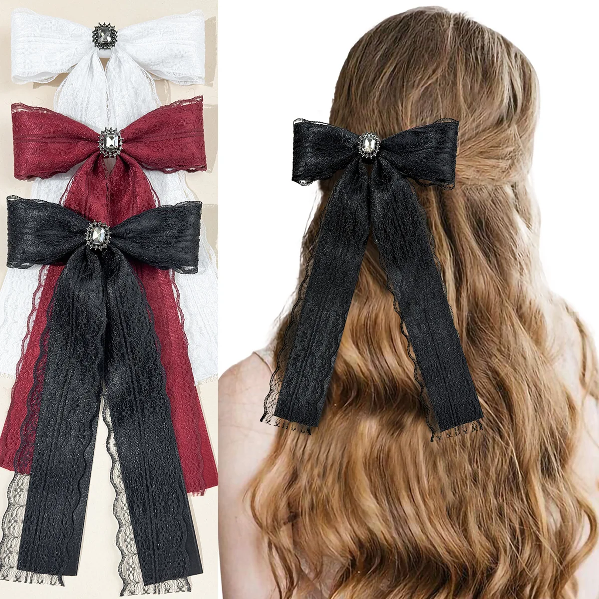 

20 Pcs/Lot, Dark Gothic Style Lace Ribbon Bow Hair Clips Women's Long Tassel Ponytail Barrette Y2K Headwear Hair Accessories