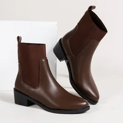 Zima/jesień miękka skóra Chelsea Boots Retro kobiety buty szpiczasty nosek botki brytyjski styl krótkie buty damskie buty 35-43