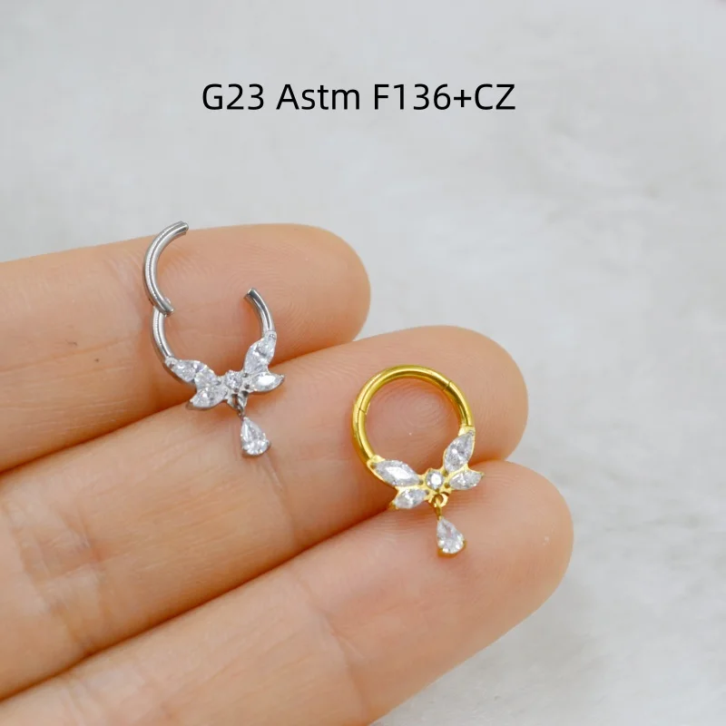 

10pcs G23 ASTM F136 Titanium CZ Butterfly Nose Hoop Septum Clicker Ring Earring Ear Tragus Helix Cartilage Body Piercing