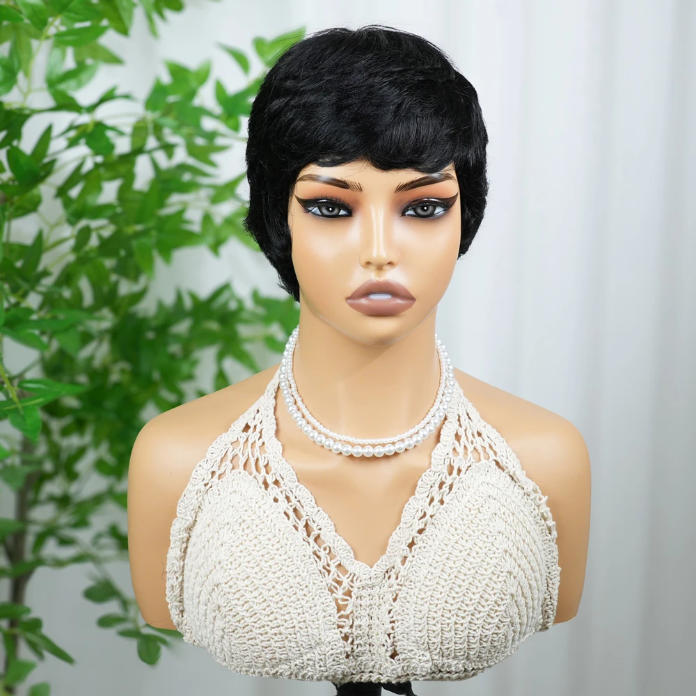 100% Human Hair Pixie Cut Wig Glueless Wear & Go With Pre‑Cut Bangs Brazilian Virgin Remy Short Wig for Black Women