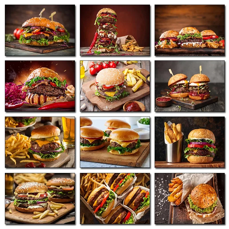 Delicious Fast Food Beef Burger Fries Poster and PrintsCanvas Painting Wall Art Pictures for Dining Room Burger Shop Home Dec