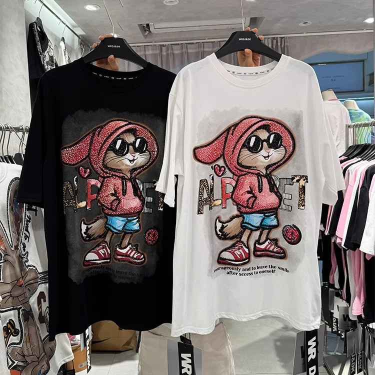 

L-4XL Plus Size Casual T Shirt for Women Clothing Cartoon Graffiti Diamonds Summer Short Sleeve Loose Tops Занзеа Женская Одежда