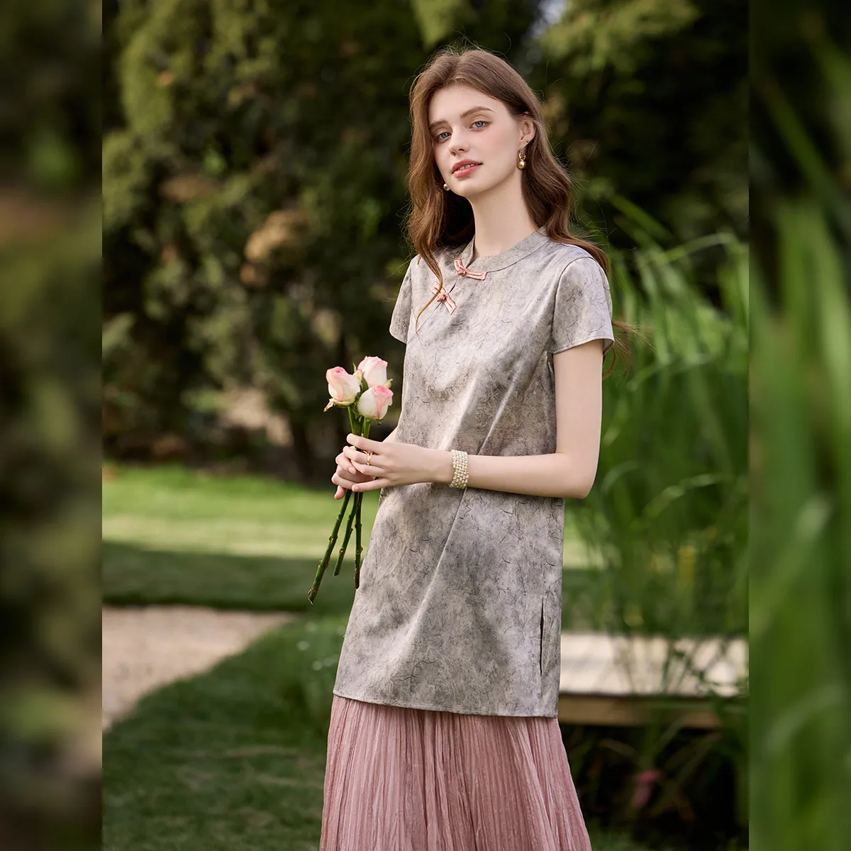 LOUIS YAO New Chinese Style Women Shirt 2026 Summer Gradient Dye Print Asymmetric Placket Frog Buttons Slit Hem Midi Shirt Dress