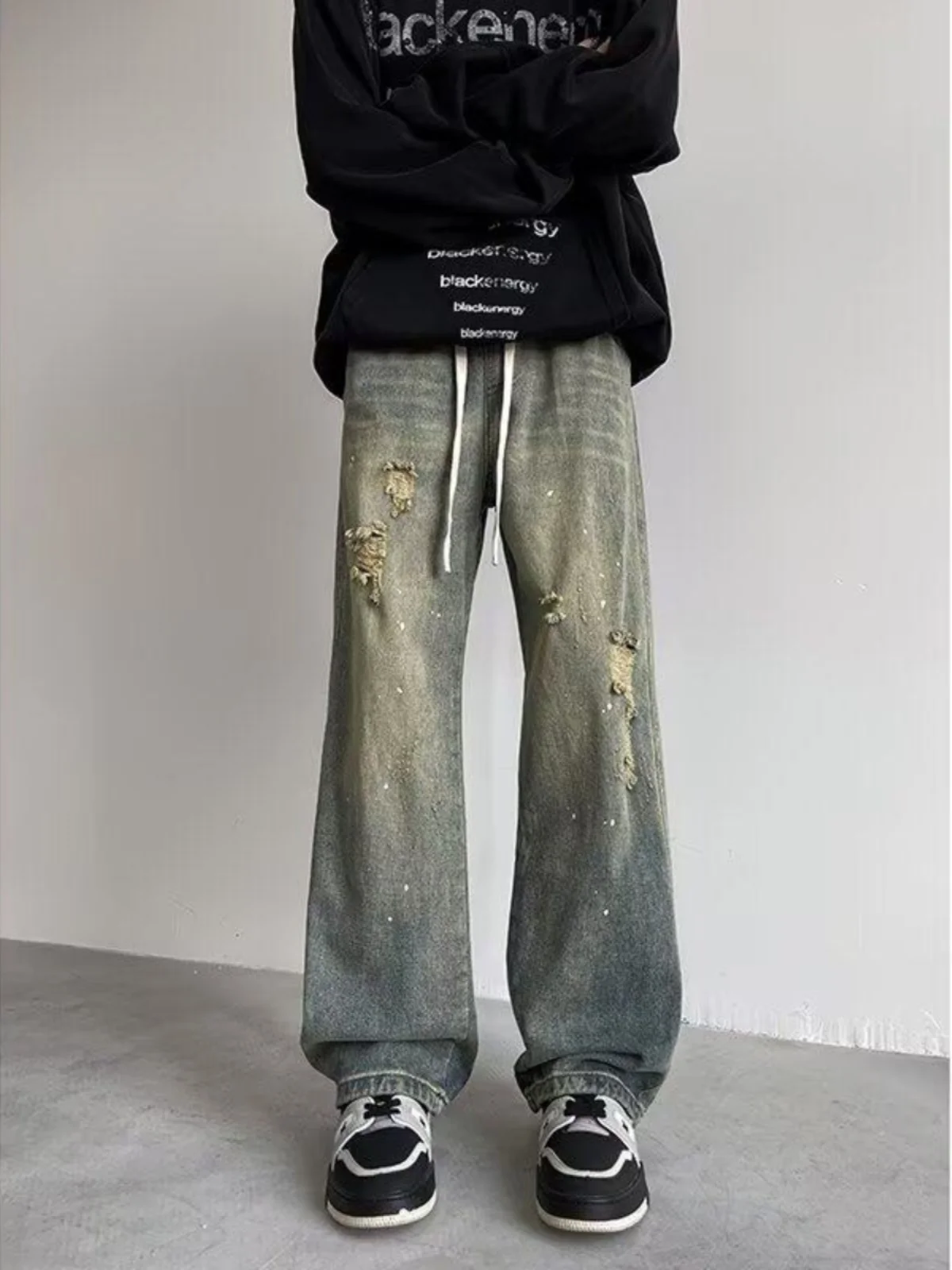 

Мужские джинсы American Sle: модные, прямые, широкие, слегка расклешенные, в стиле High Street, с эффектом потертости