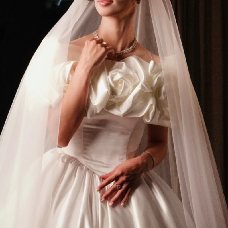 Satin White Appliques Wedding Dresses of Off-Shoulder 3D Flowers Decal A-Line Decal off-shoulder Bridal Gowns Made