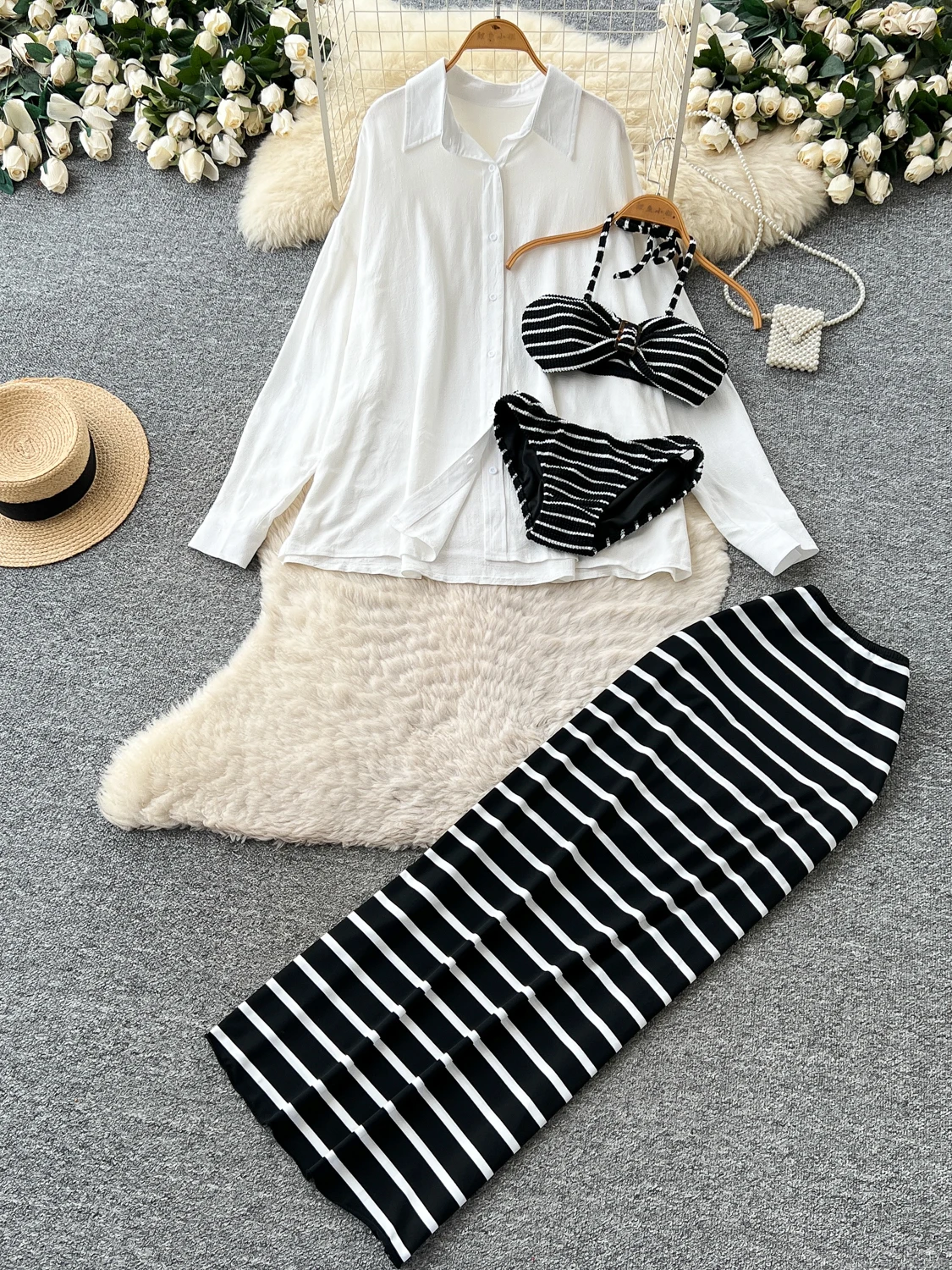 Vacation Wear Three-Piece Set Women's Black White Stripe Retro Neck Hanging Vest Loose Outer Long Sleeve Shirt Tight Halter S...