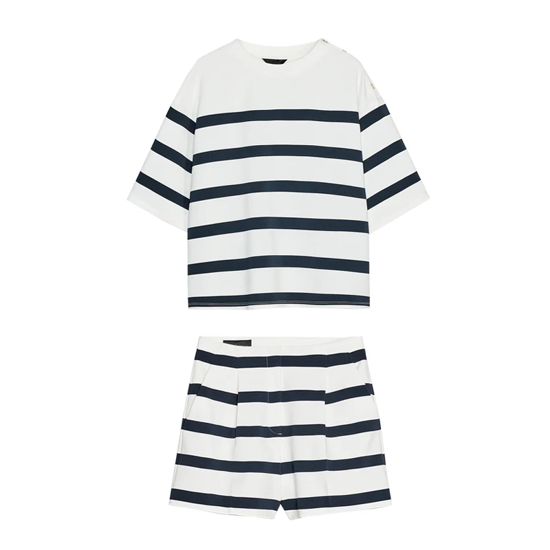 

Comfortable High Waist Casual orts Women's ort Sve Striped Top And High Waist Leisure orts Faion Set Spring Summer...