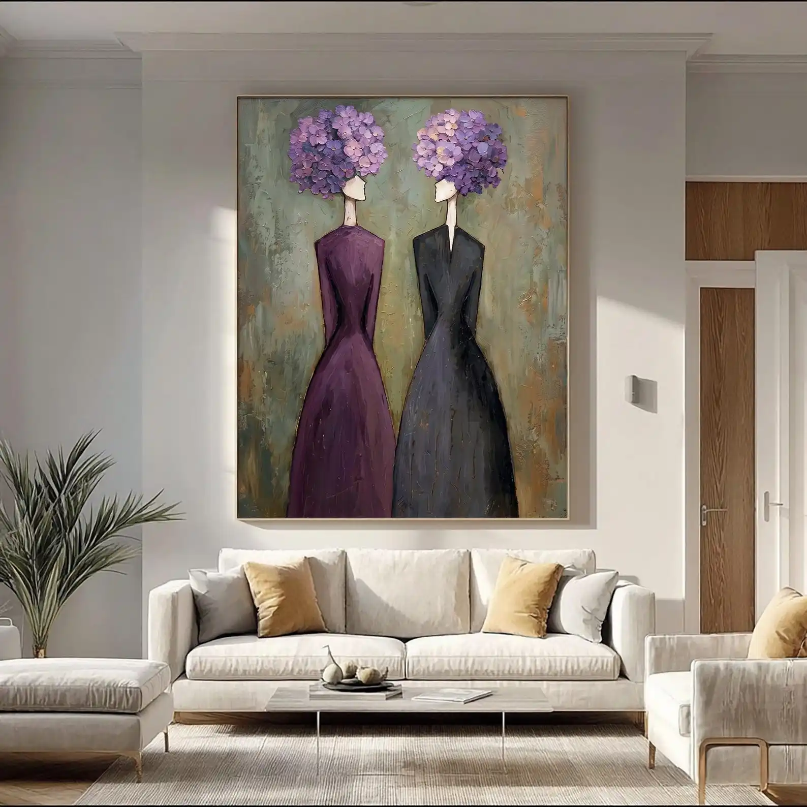 Mhemyo Large Original Abstract Hand Painted Purple Floral Sister Oil Painting Modern Texture Wall Art For Living Room Home Decor