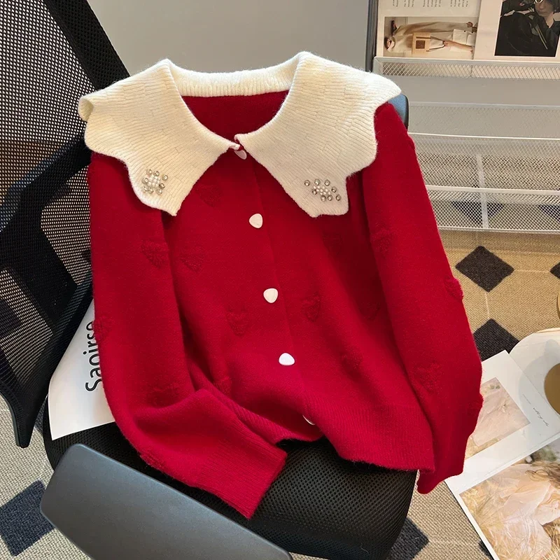 Red White Contrasting Peter Pan Collar Cardigans Women Korean Fashion Knitwear Sweet Sweater Coat Chic Heart Button Top