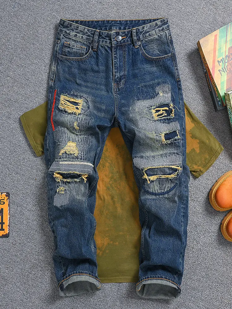 

American Retro Distressed Denim Jeans for Men Loose Fit Spring Washed Cat Whisker Ripped Patches Straight Leg Casual Trousers