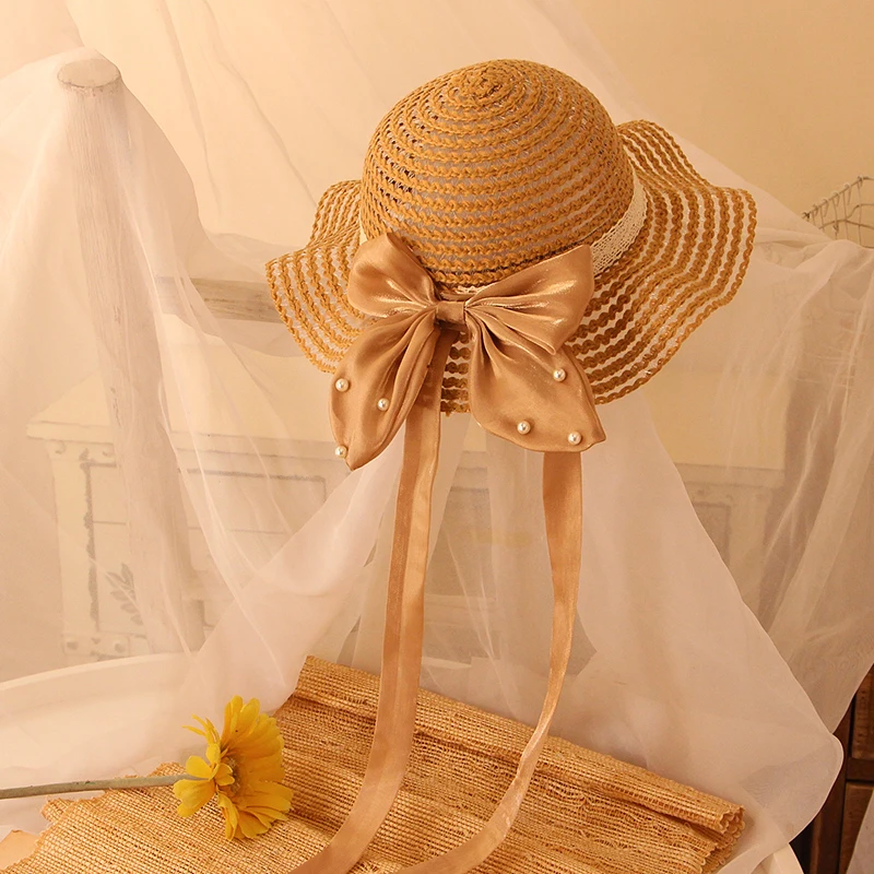قبعة شمس من القش مع عقدة فراشية للفتيات ، قبعة شاطئ قابلة للطي ، قبعات مرنة للأطفال ، حافة واسعة ، الصيف