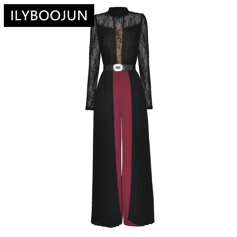 

ILYBOOJUN Summer High Quality Lace Jumpsuis Stripe Stand Neck Patchwork Sheer Long Sleeves Dignified High Waist Jumpsuits