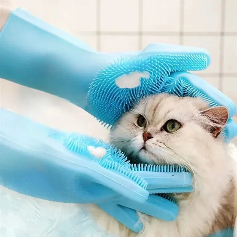 Pet Bath Massage Hair Removal Gloves Silicone Dog Cat Bath Brushes Pet Massage Brush Gloves Dual Dry and Wet Anti Bite Handguard