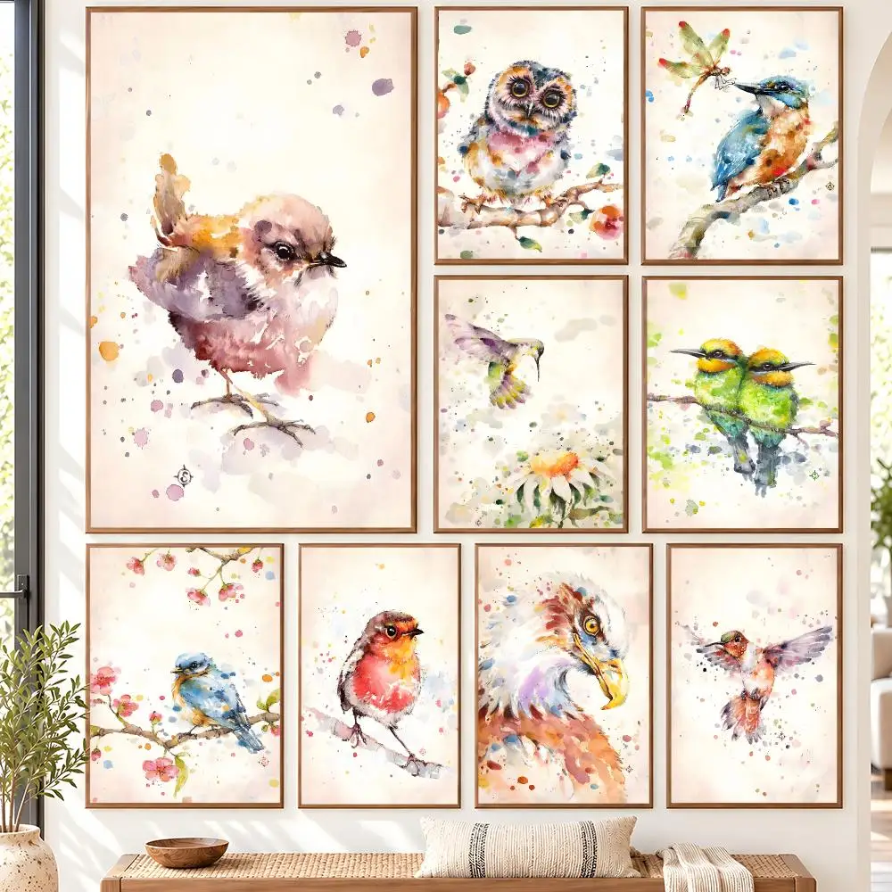 Watercolor Birds Sparrow Parrot Owl Nature Animal Poster Self Adhesive Matte Wall Art Removable Home Room Decoration
