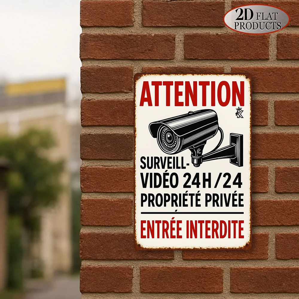Metal Tin Sign - French Surveillance Camera Security Alert,  Iron Wall Decor for Home & Garage, 24/7 Video Monitoring, Private