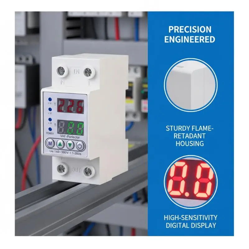 DIN Rail Dual Display Over Under Voltage Protector Adjustable Current Voltage Protection for Garage Electrical Circuit Safety