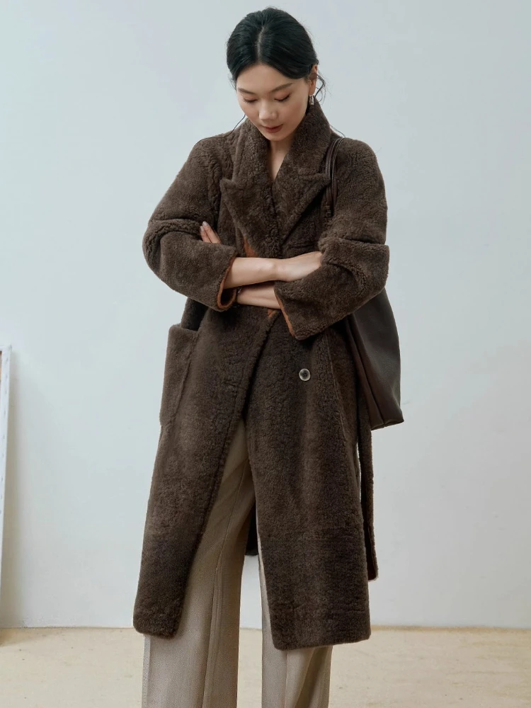 High-end Luxury Natural Lacon Lamb Fur Long Winter Jackets for Women Simple Fluffy Warm Genuine Leather Real Fur Coat with Belt