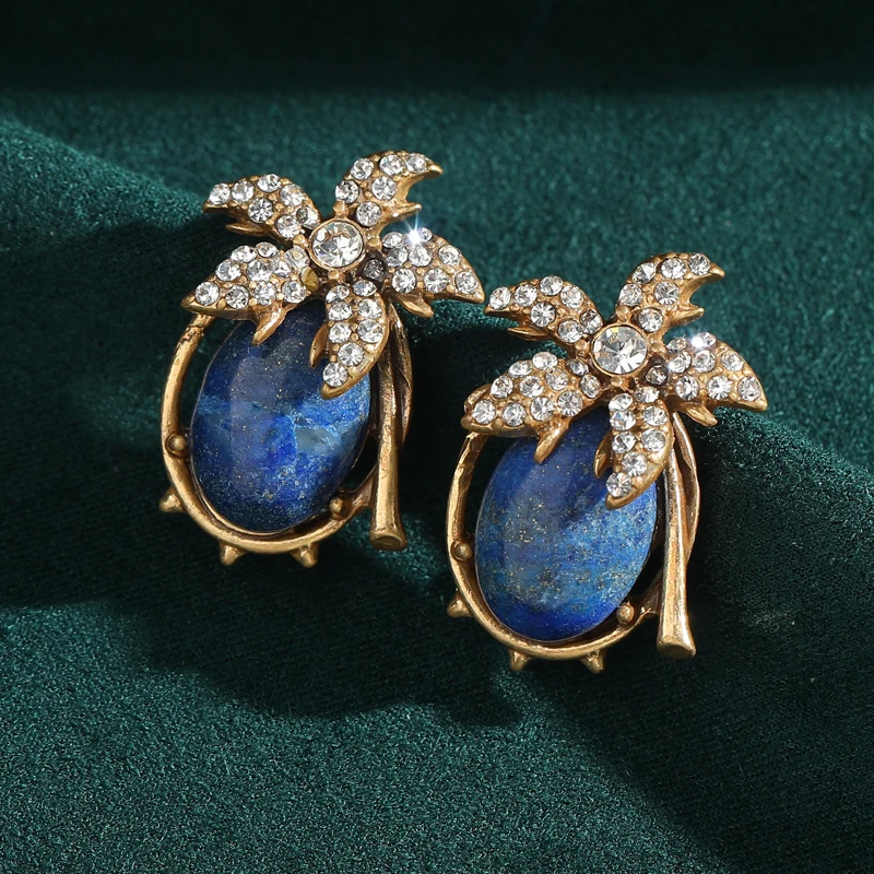 

Vintage Lapis Lazuli Blue Earring Stud Flower Natural Stone Gold Color Rhinestone Jewelry Designer Quality Luxury 2025 Christmas
