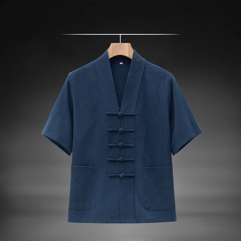 Men New Chinese Style Shirt Summer Cotton Linen Shirts Short Sleeve Stand Collar Frog Button Hanfu Traditional Casual Blouse